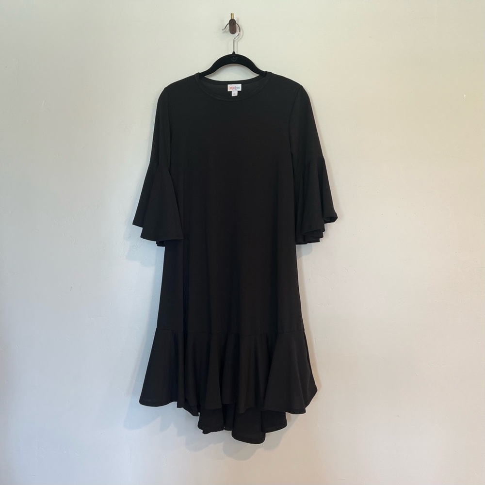 Lularoe Maurine Solid Black Ruffle Swing Dress XSmall